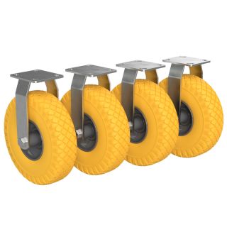 4 x Fixed Castor with PU Wheel Ø 260 mm 3.00-4 Ball Bearing Transport Roller Puncture Proof, yellow/grey
