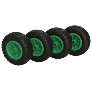 4 x Polyurethane Wheel Ø 200 mm 2.50-4 Plain Bearing Roll Launching Wheel Puncture Proof, black/green
