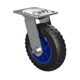 1 x Rueda giratoria con rueda de PU Ø 160 mm cojinete liso rodillo de transporte a prueba de pinchazos, negro/azul