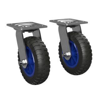 2 x Rueda giratoria con rueda de PU Ø 160 mm cojinete liso rodillo de transporte a prueba de pinchazos, negro/azul
