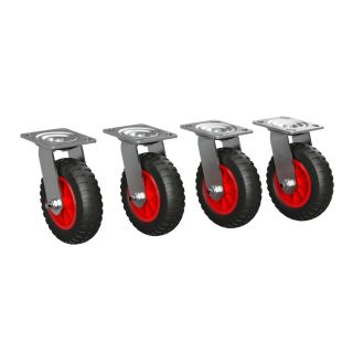 4 x Svängbart hjul med PU-hjul Ø 160 mm glidlager transportrulle motståndskraftig mot punktering, svart/röd