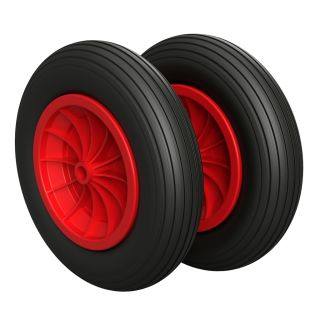 2 x Polyurethane Wheel Ø 350 mm 3.50-8 Plain Bearing Wheelbarrow Wheel Tires Puncture Proof, black/red