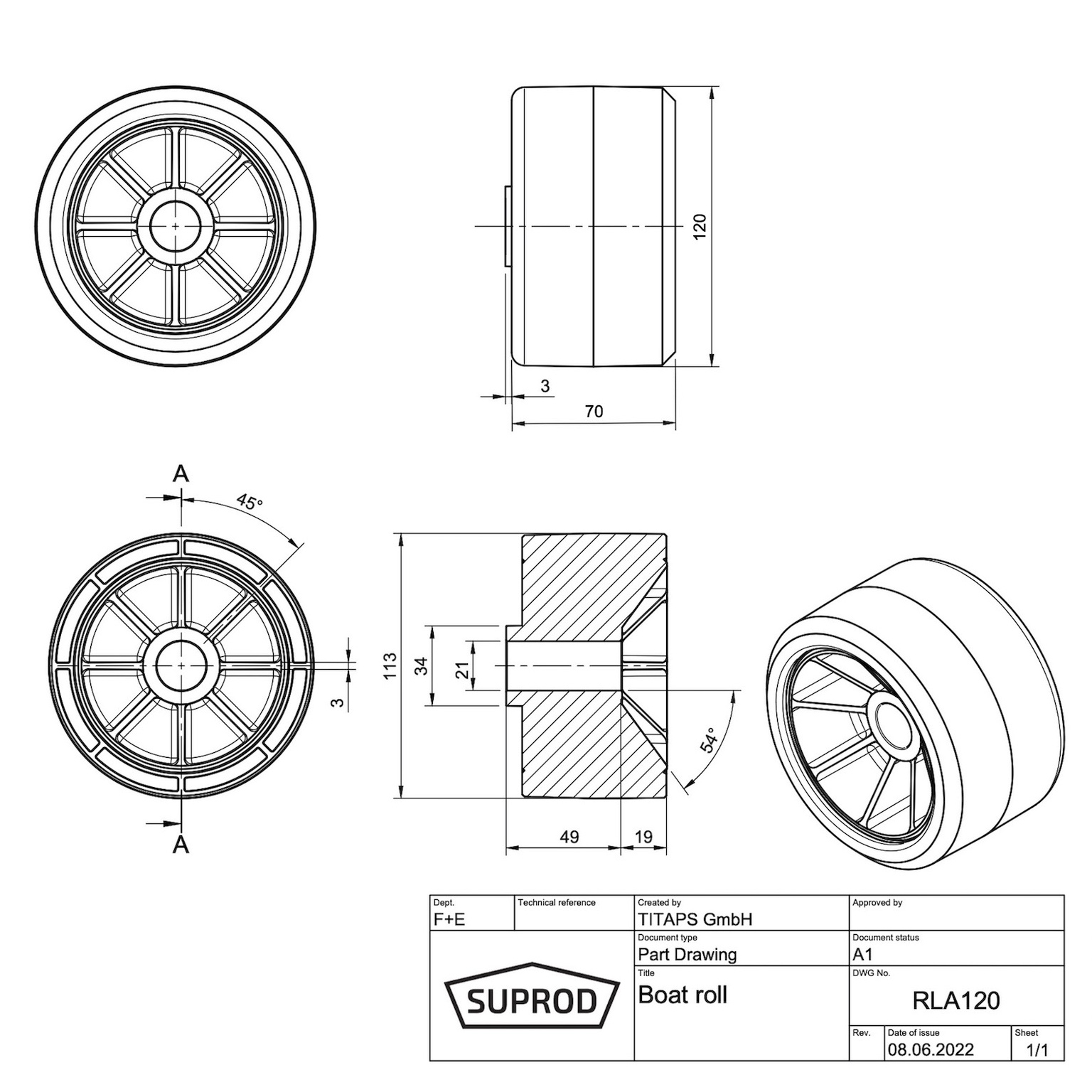 Polyurethane roller, Side roller, Abrasion-free, PU, SUPROD, 120 mm 1