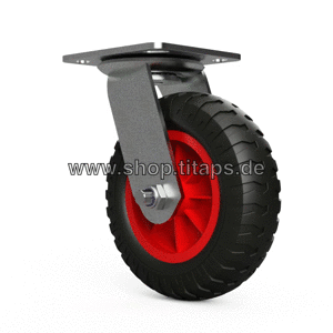 4 x Drejelig hjul med PU-hjul Ø 160 mm glideleje transportrulle modstandsdygtig over for punktering, sort/rød dæk 1